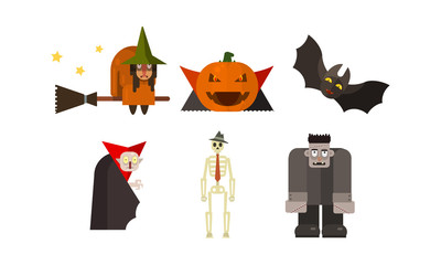 Poster - Halloween icons set, witch, pumpkin, vampire, bat, scary, skeleton, zombie, design elements for a holiday vector Illustration