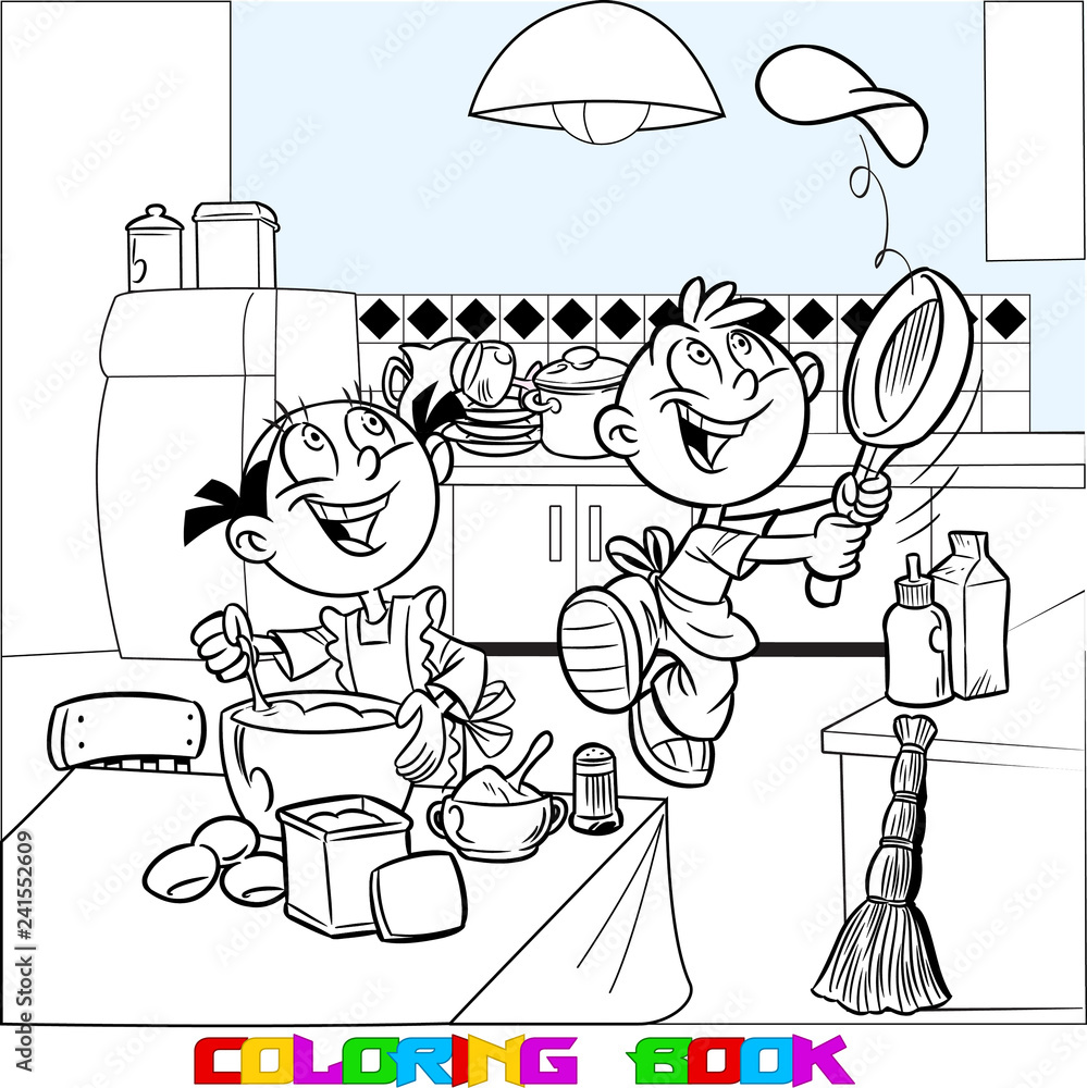 The vector illustration shows how funny children cook food in the kitchen.  Cartoon boy and girl learn to fry pancakes. Done in the black white outline  for a coloring book. Stock Vector |, image size:999x1000