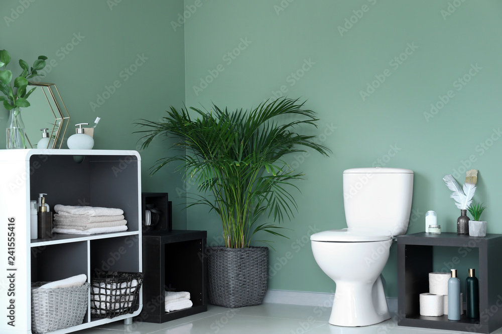 Modern interior of restroom with ceramic toilet bowl
