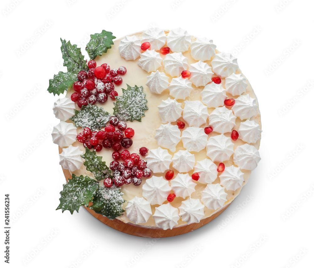 Sweet Christmas cake on white background