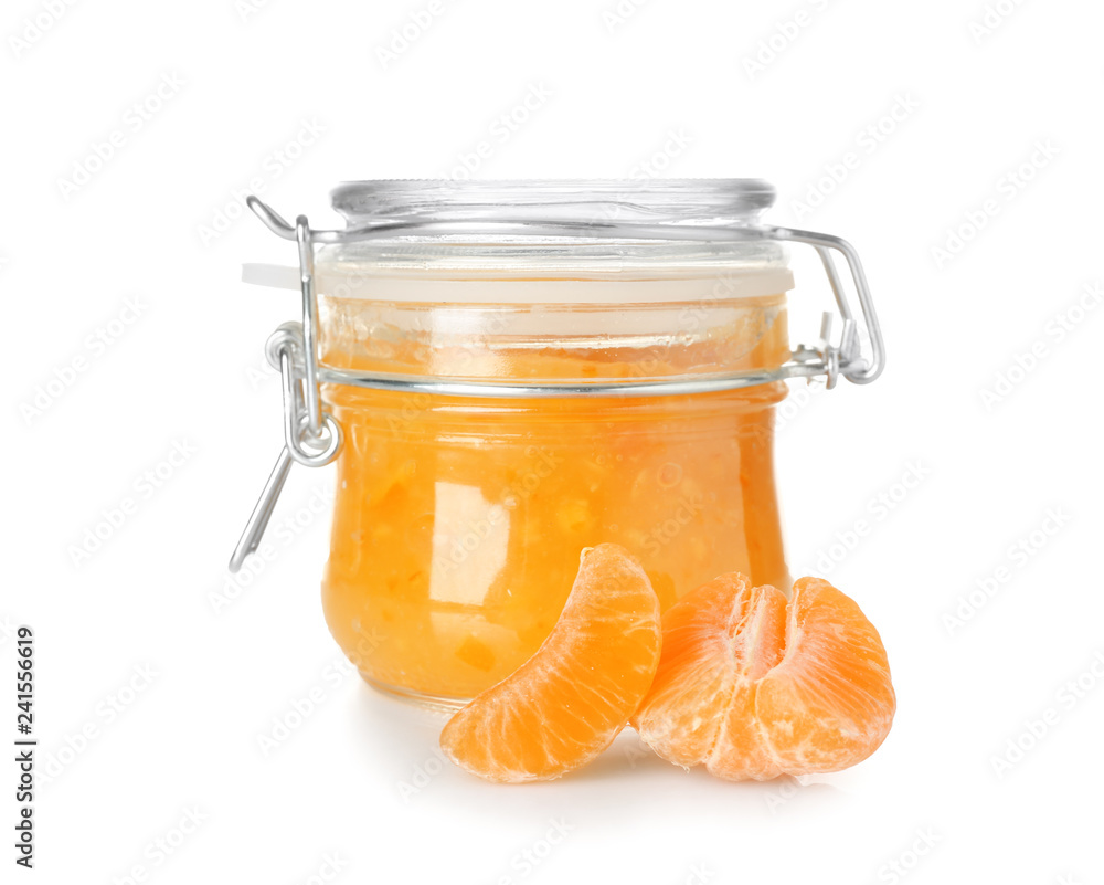 Jar of tasty tangerine jam on white background
