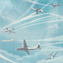 Bonus Miles. . Silhouettes Of Various Airplanes On Watercolor Paper Texture Background.