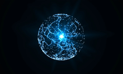 Planet earth and light. Blue sphere shape ball with digital data and network connection triangle lines for technology concept isolated on black background. Motion graphic. 3d abstract illustration