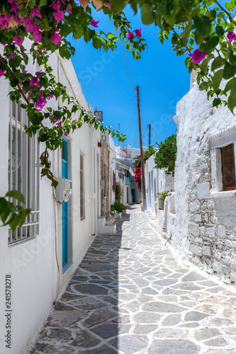 Naklejka uliczka grecka  mala-biala-aleja-z-kolorowymi-kwiatami-i-kolorowymi-drzwiami-na-cykladach-latem-gri