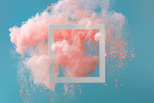 Abstract Pastel Pink Color Paint With Pastel Blue Background.. Fluid Composition With Copy Space. Minimal Natural Luxury.