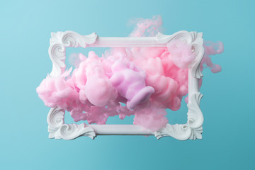 White vintage frame on pastel blue background with abstract pink cloud shapes. Minimal border composition.