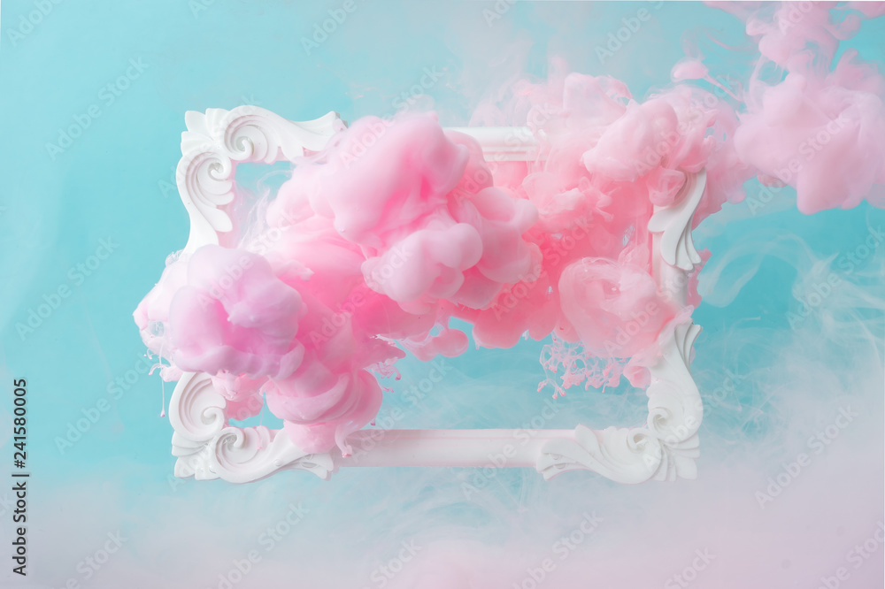 White vintage frame on pastel blue background with abstract pink cloud shapes. Minimal border composition. - obrazy, fototapety, plakaty 