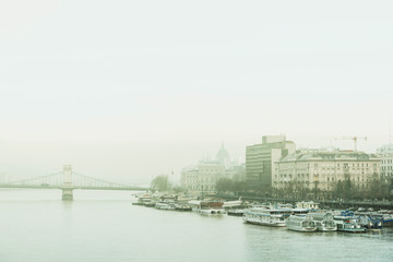 view of historic architectural in Budapest from Danube