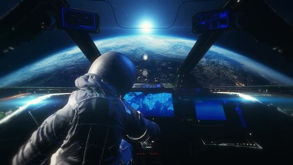 astronaut piloting a space ship above the planet earth 4k