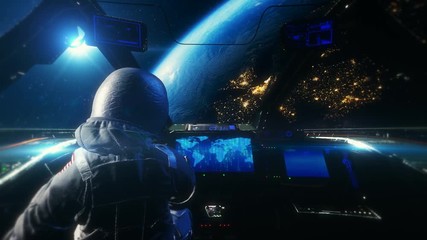 Wall Mural - Astronaut in spaceship above earth 4K