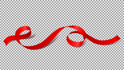Red satin ribbon isolated on transparent background. Vector illustration of curved satin tape. Abstract object.
