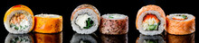 Baked Hot Sushi Rolls On A Dark Background. Hot Fried Sushi Roll Sushi Menu