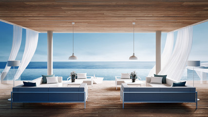 Living beach lounge - ocean villa on Sea view for vacation and summer / 3d render interior