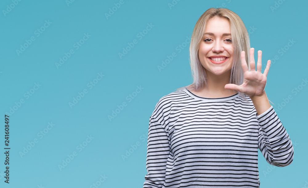 Young blonde woman over isolated background showing and pointing up with fingers number five while smiling confident and happy. - obrazy, fototapety, plakaty 