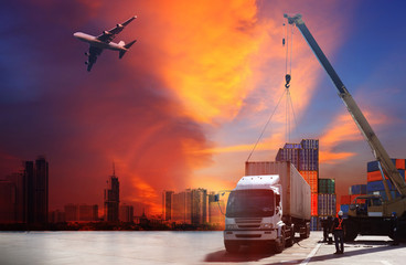 Transportation, import-export, commercial logistic, shipping business industry, container truck, ship in port and freight cargo plane