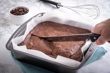 chocolate brownie in steel pan