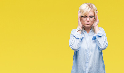 Sticker - Young beautiful blonde business woman wearing glasses over isolated background with hand on head for pain in head because stress. Suffering migraine.