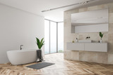 Fototapeta  - Loft beige bathroom, tub and sink