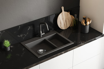 Black marble kitchen sink, top view