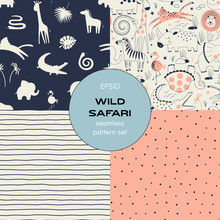 Safari Themed Vector Seamless Background Set Includes African Wild Animals, Stripes, Polka Dots Patterns, Vector Graphics, Kids And Baby Summer Textile Tee Shirt Apparel Print