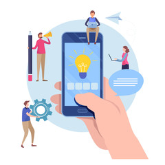 Developer create application. Mobile app development. Flat cartoon miniature  illustration vector graphic on white background.