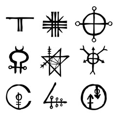 Wall Mural - Set of icons and symbols letters inspired on the theme of magic and witch craft occult alchemy, mystic, esoteric religion and mason, isolated. Flesh tattoo ideas. Vector.