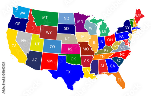 Fotografía Map of The United States of America (USA) with Colorful States with Name Illustr