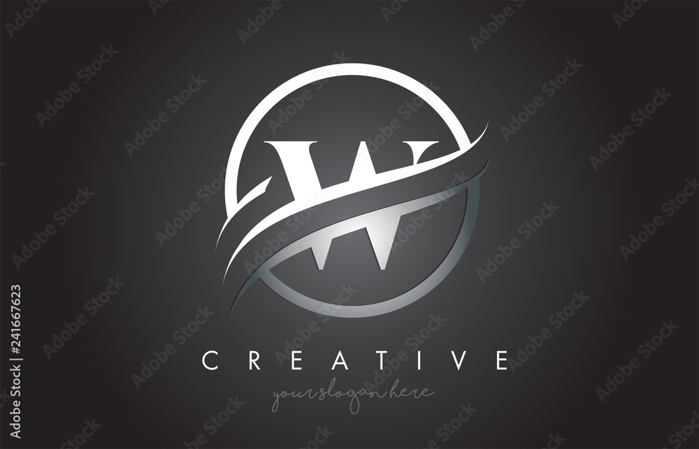 W Letter Logo Design with Circle Steel Swoosh Border and Creative Icon ...