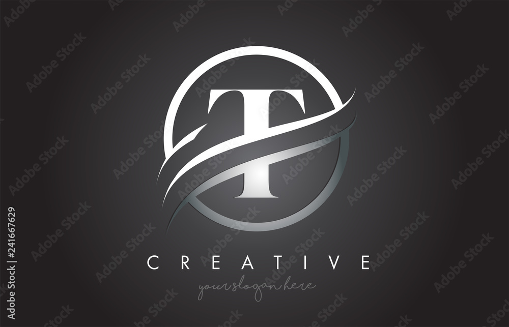 T Letter Logo Design with Circle Steel Swoosh Border and Creative Icon Design. - obrazy, fototapety, plakaty 