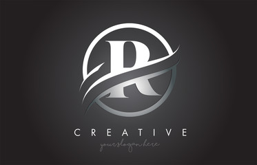 R Letter Logo Design with Circle Steel Swoosh Border and Creative Icon Design.