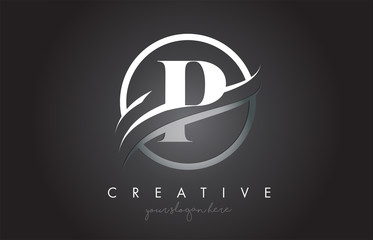 Wall Mural - p letter logo design with circle steel swoosh border and creative icon design.