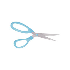 Wall Mural - Flat vector icon of professional sewing scissors with blue handles. Instrument used for cutting fabric