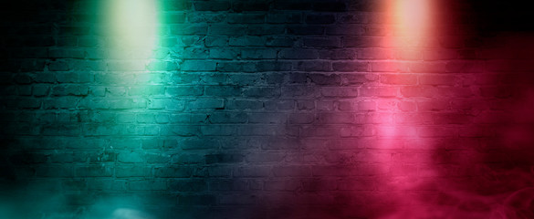 Wall Mural - Background of an empty dark room. Empty walls, neon light, smoke, glow