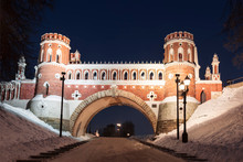 Figured Bridge In The Palace And Park Ensemble Tsaritsyno Winter Evening In The New Year And Christmas Holidays. Moscow, Russia