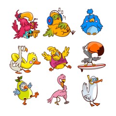 Vector set of different tropical birds in different actions. Exotic humanized creatures. Funny cartoon characters