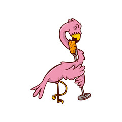 Wall Mural - Pink flamingo singing song with retro microphone. Humanized tropical bird. Exotic creature. Cartoon vector icon