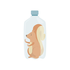 Sticker - Plastic bottle with squirrel animal inside, global environmental problem, ecological disaster vector Illustration on a white background