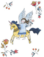 Angel And Pegasus In Flowers. Watercolor Illustration With A Cherub, And A Unicorn