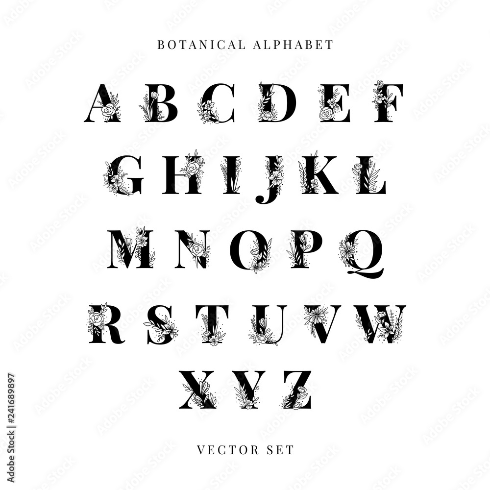 Botanical Alphabet capital letters vector set - obrazy, fototapety, plakaty 