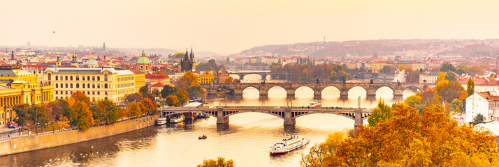 Wall Mural - Prague bridges over Vltava River in the evening, Praha, Czech Republic.