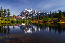 Picture Lake Reflecting Mount Shuksan On A Beautiful Day In Washington State