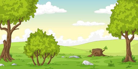 Cartoon summer landscape with trees, hand draw illustration