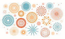 Colorful Fireworks On White Background. Isolated Objects. Vector Illustration. Flat Style Design. Concept For Holiday Banner, Poster, Flyer, Greeting Card, Decorative Element.