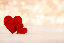 Red Heart Bokeh Background, Valentine Day Greeting Card.