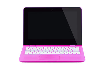 Wall Mural - Open pink laptop with english keyboard, front view