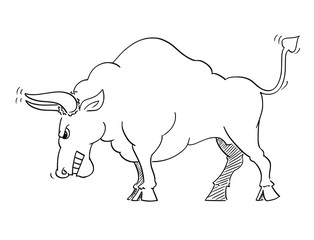 Sticker - Cartoon drawing conceptual illustration of angry bull as symbols of rising market prices.