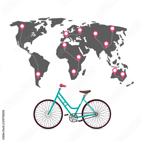 Foto Cycling Around the World with Routes, Pins and World Map. Vector.