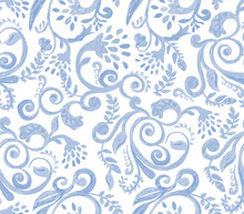 Blue Floral Pattern On White Background. Hand Made Watercolor Seamless Texture For Clothes, Fabric