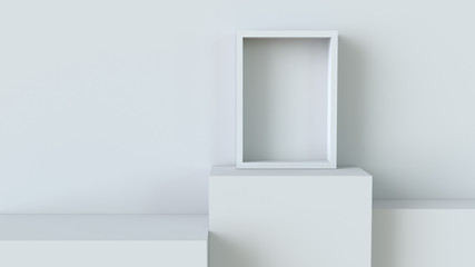 Wall Mural - Frame with white cube podium on blank wall background. 3D rendering.