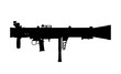 Black silhouette of rocket launcher on white background. Weapon of USA army. Isolated image of grenade gun. Military american ammunition